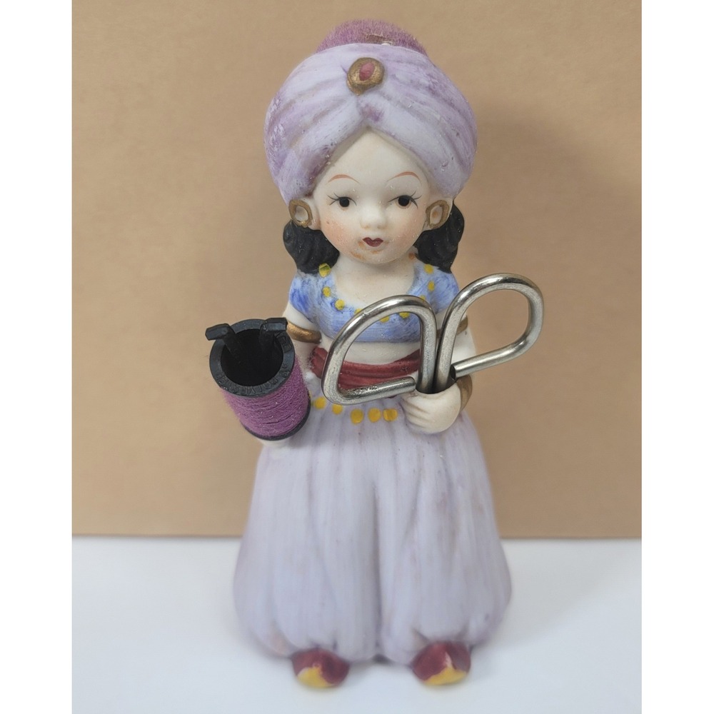 Vintage JSNY Ceramic Genie Girl Sewing Caddy Pin Cushion Figurine Taiwan Purple
